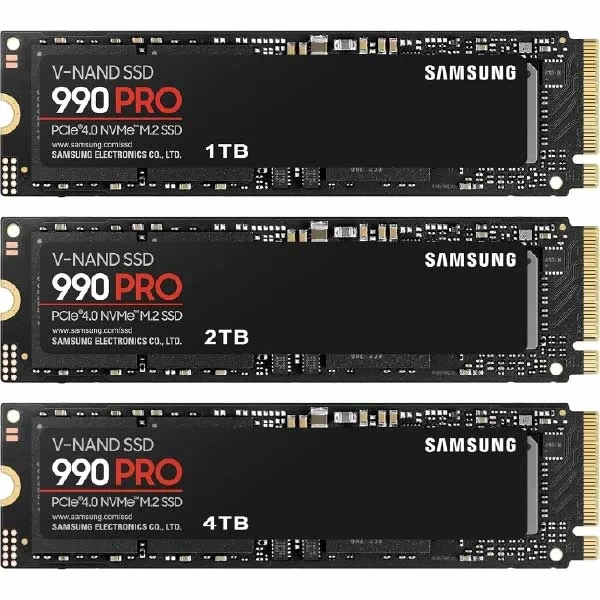 Samsung 990 PRO NVMe M.2 SSD PCIe 4.0, 7,450 MB/s read, 6,900 MB/s write